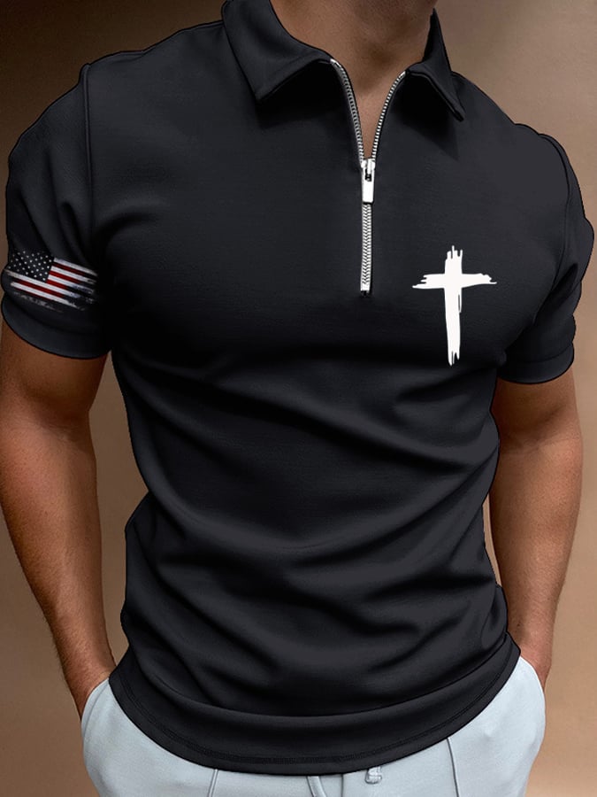 Men's Flag Cross Print Casual Polo Shirt