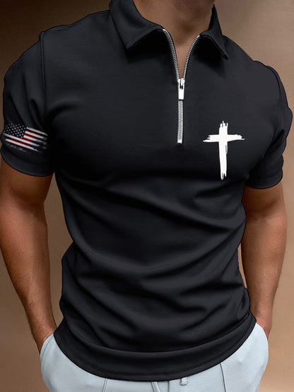 Men's Flag Cross Print Casual Polo Shirt