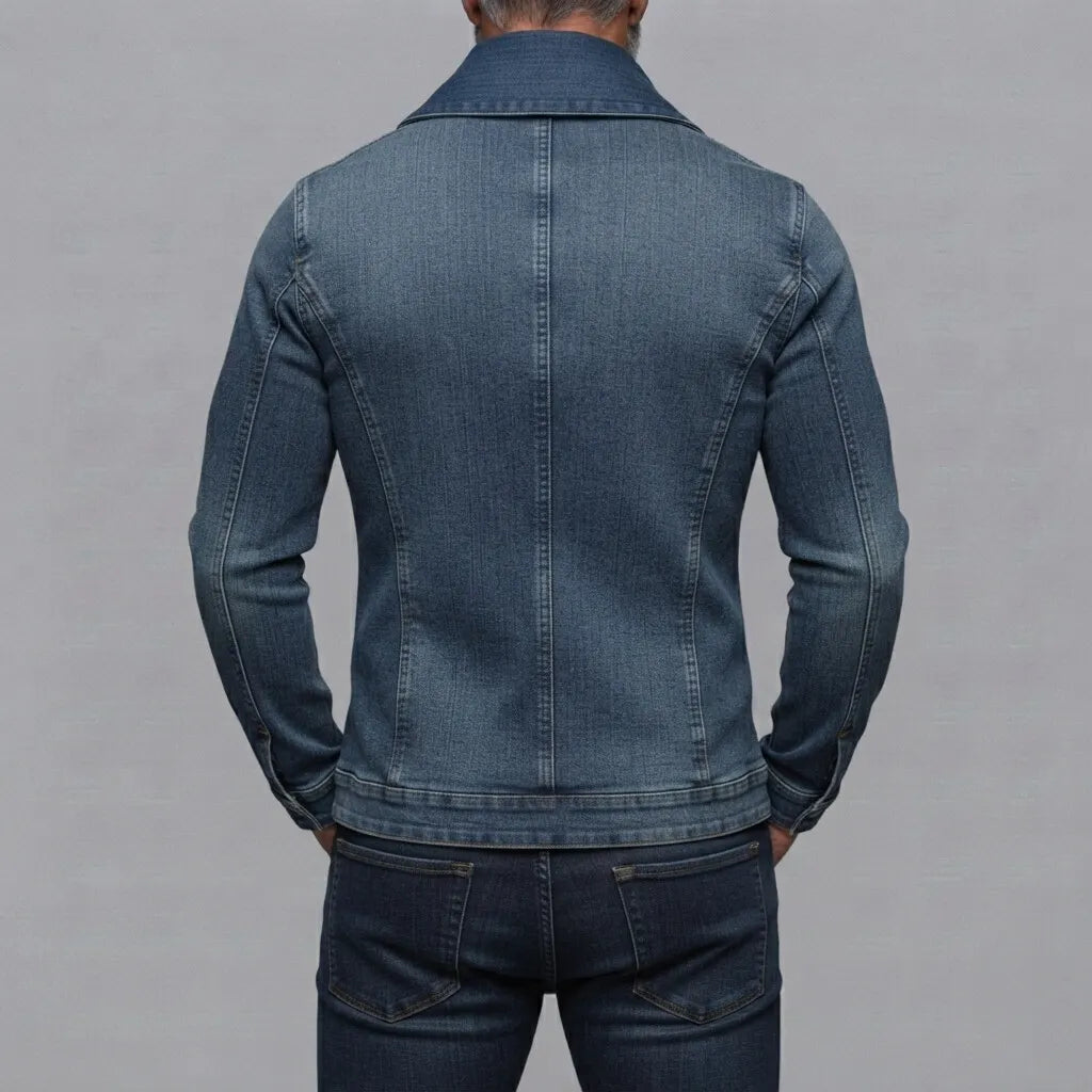 Men's Vintage Denim Lapel Collar Slant Pocket Slim Asymmetrical Zip-Up Jacket