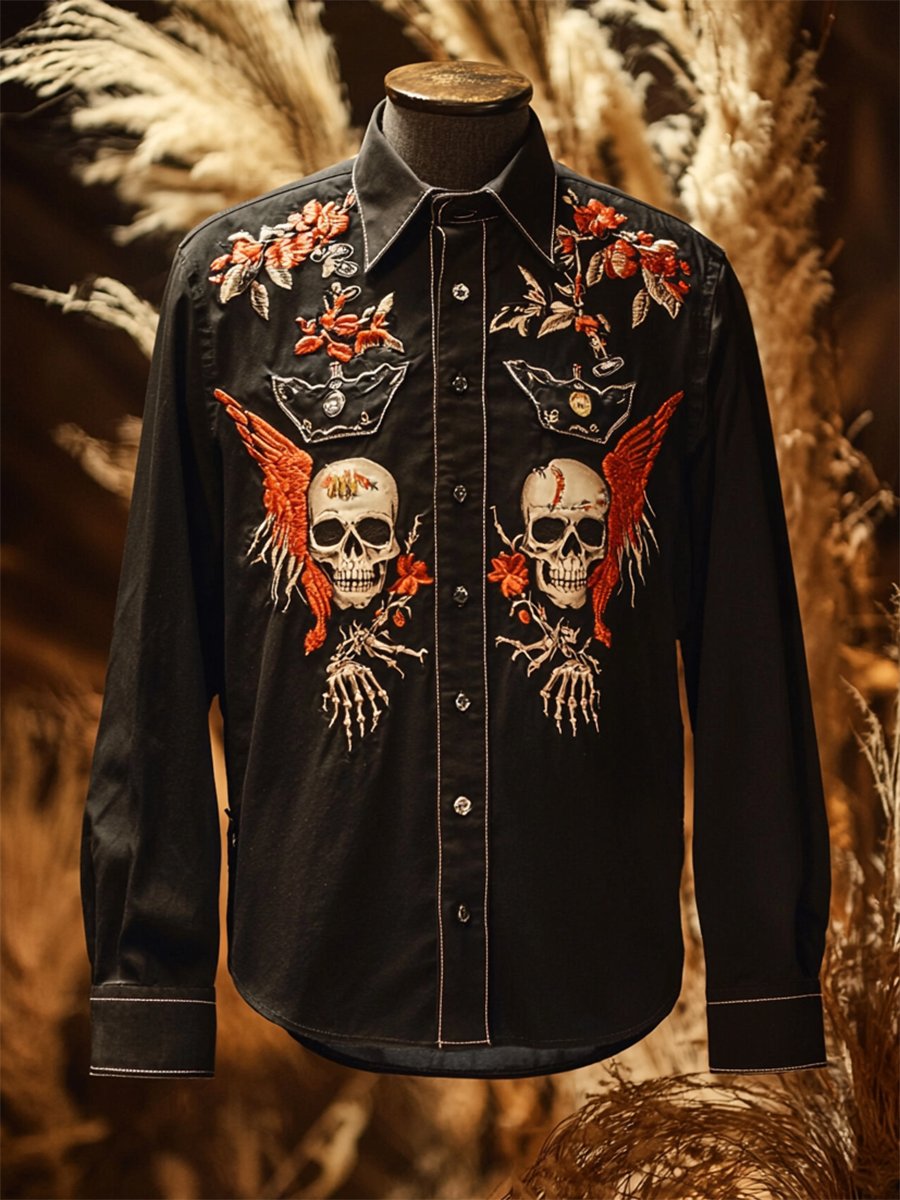 Men's Retro Casual Skull Print Long Sleeve Shirt