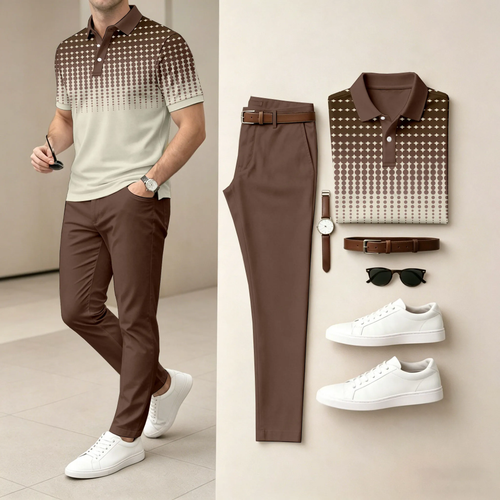 Men's Khaki Dots Casual Printed Polo Shirt And Pants Two-Piece Set