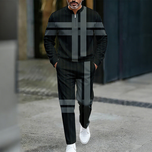 Men's Casual Color Matching Printed Round-Neck Zipper Long Sleeved Trousers Two-Piece Set