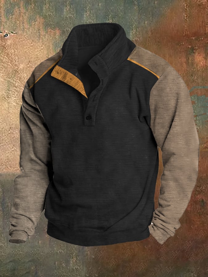 Men's Fleece Retro Color Patchwork Stand Collar Sweatshirt
