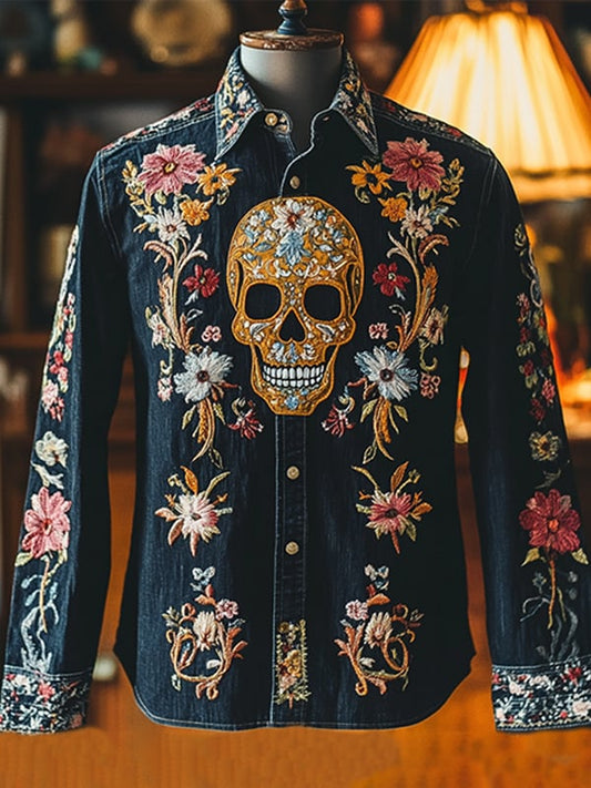 Men's Outdoor Vintage Skull and Floral Print Long Sleeve Shirt