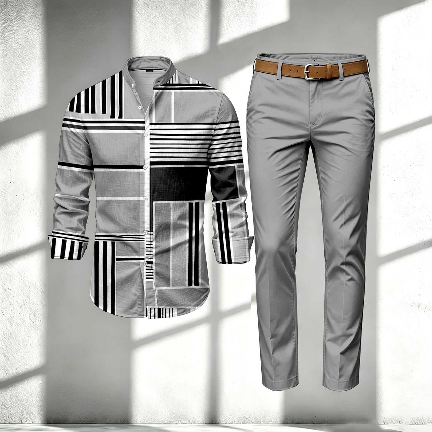 Men's Multi-Color Block-Print Stand-Collar Long-Sleeve Shirt and Pants Set