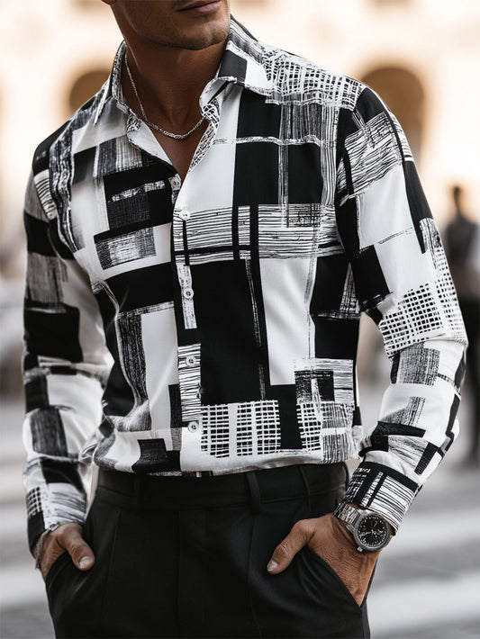 Men's Business Casual Bauhaus Geometric Print Long Sleeve Shirt