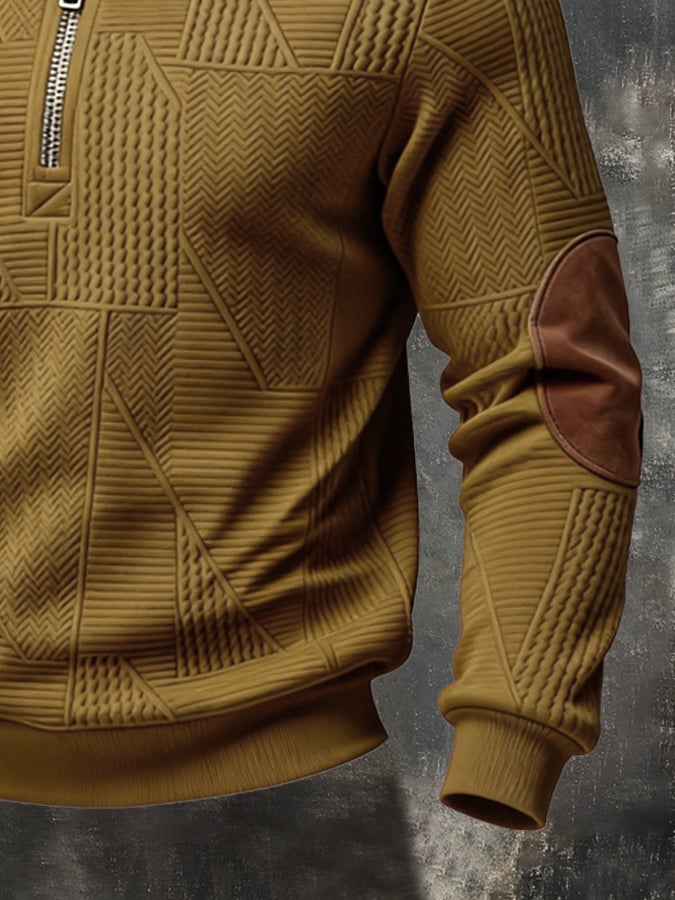 Men's Retro Jacquard Textured Patchwork Comfortable Color-Blocked Zip-Up Sweatshirt