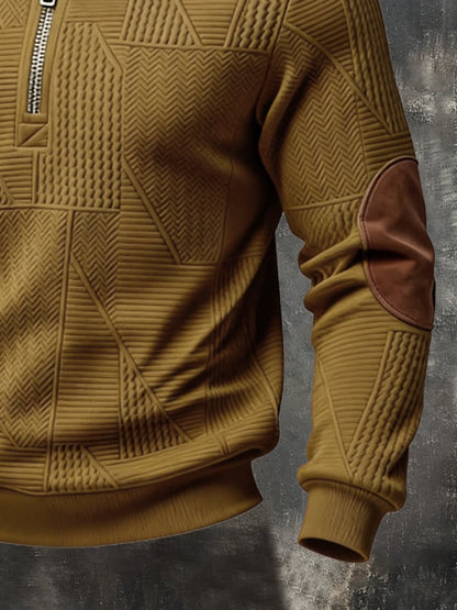 Men's Retro Jacquard Textured Patchwork Comfortable Color-Blocked Zip-Up Sweatshirt