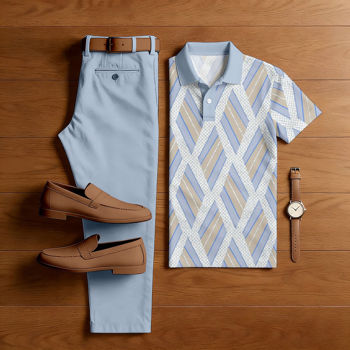 Men's Casual Color-Blocked Geometric Printed Polo Shirt And Pants Two-Piece Set