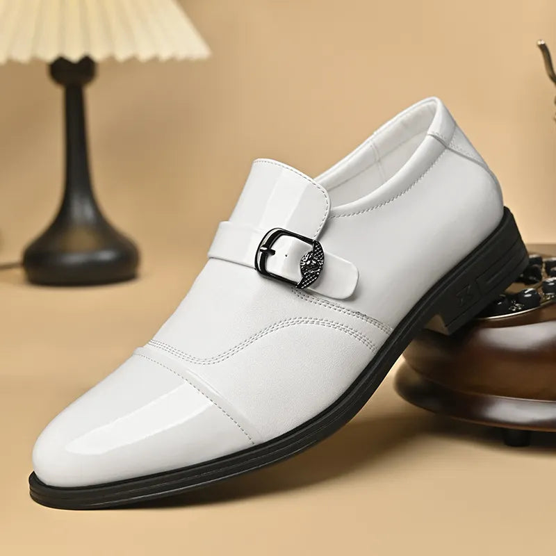 Men's Business Patent Leather Shine Cap Toe Metal Buckle Slip On Monk Loafers Dress Shoes