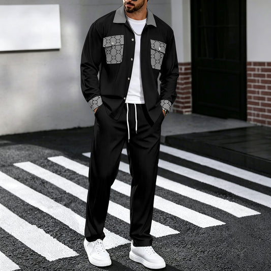 Men's Two-Piece Set: Patchwork-Print Shirt and Pants