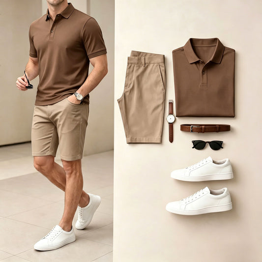 Men's Casual Brown Solid Color Polo Shirt & Shorts Two-Piece Set