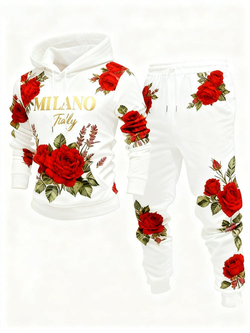 Men's Casual White & Red Rose Color Printed Hoodies Long Sleeved Sweatshirts & Sweatpants Two-Piece Set