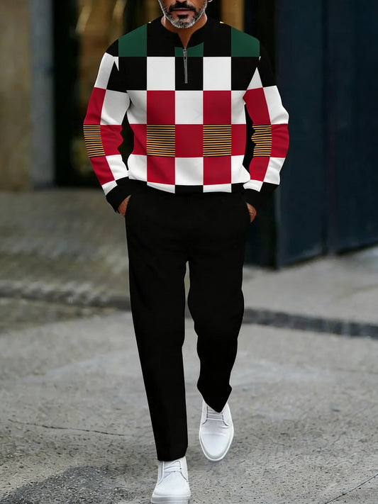Men's Casual Black & Multicolor Checked Printed Round-Neck Zipper Long Sleeved Tops & Trousers Two-Piece Set