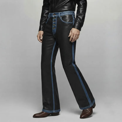 Men's Black PU Leather Denim Splicing Multi-Button Straight Leg Pants