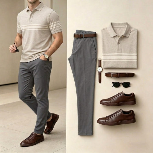 Men's Khaki & White Color Matching Striped Printed Short Sleeved Polo Shirt & Pants Two-Piece Set
