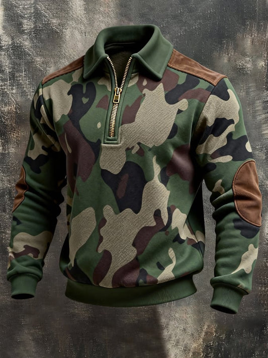 Men's Retro Color Block Print Color-Blocked Zip-Up Sweatshirt