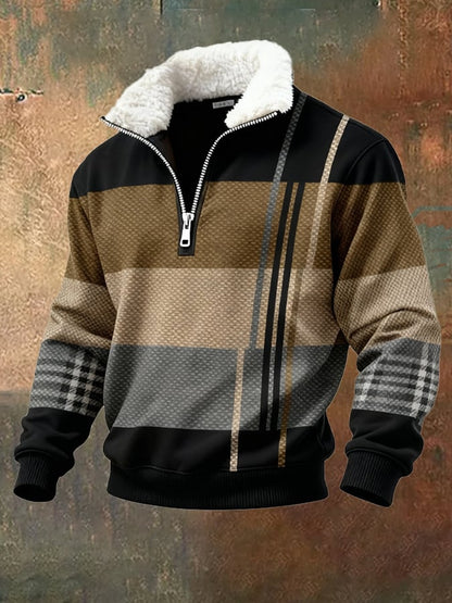 Men's Retro Color Block Print Casual Fur Collar Sweatshirt