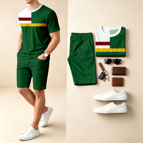 Men's Casual Color-Blocked Printed Round-Neck Short-Sleeve T-Shirt And Shorts Two-Piece Set