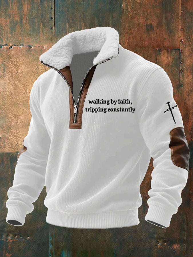 Men's Walking by Faith Tripping Constantly Printed Knitted Fabric Zipper Fur Collar Sweatshirt