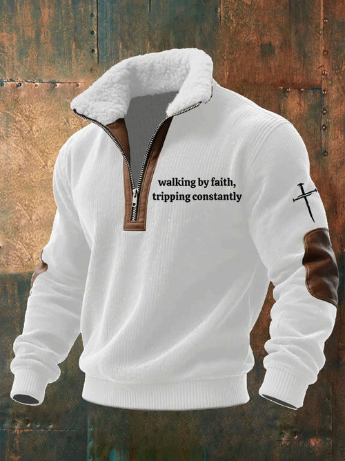 Men's Walking by Faith Tripping Constantly Printed Knitted Fabric Zipper Fur Collar Sweatshirt