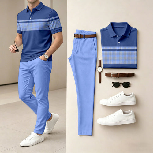 Men's Casual Contrasting Plaid Printed Polo Shirt And Pants Two-Piece Set