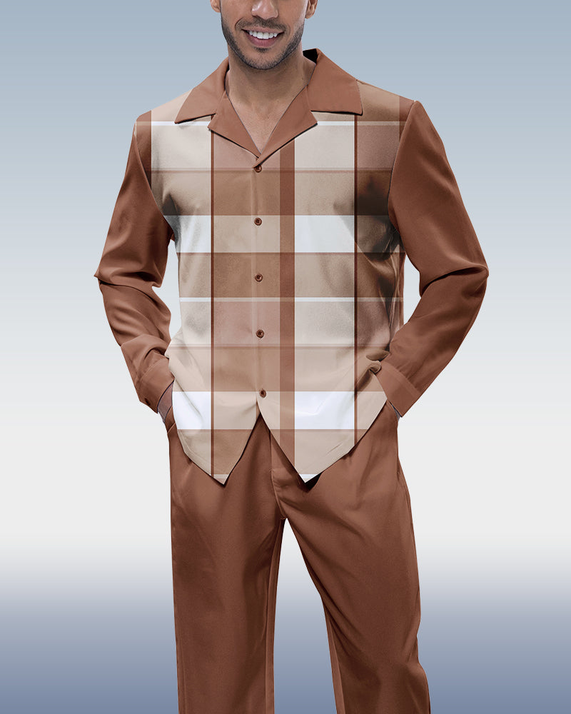 Brown Plaid Long Sleeve Shirt Walking Set