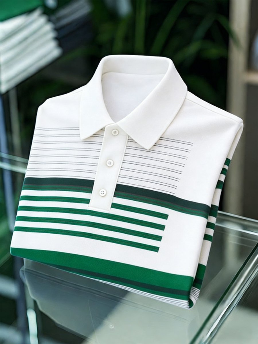 Men's Vintage Business Striped Long Sleeve Polo Shirt