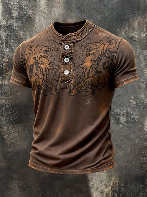 Men's Retro Print Color Block Henley Collar Short-Sleeve Top
