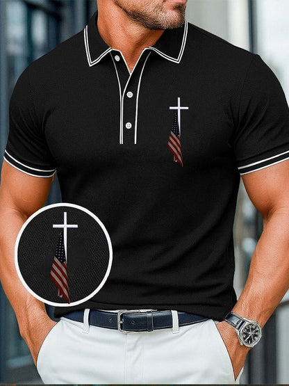 Men's Cross&American Flag Printed Casual Polo Shirt