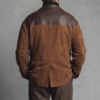Men's Brown Suede PU Leather Drop Shoulder Notch Lapel Double Buckle Closure Blazer