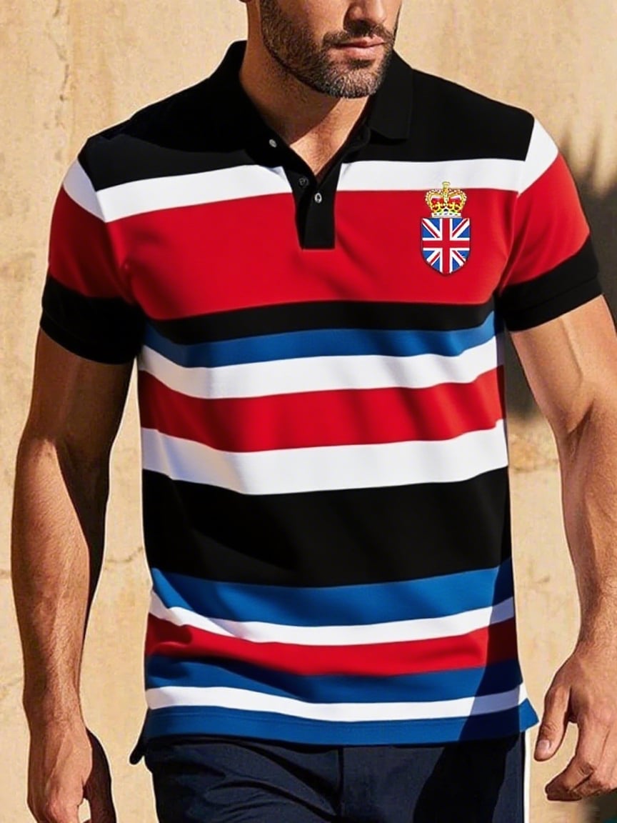 Men's Business Casual Union Jack Button Short Sleeve Polo Shirt