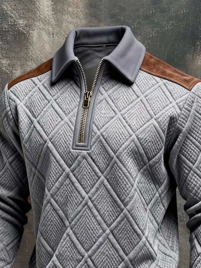 Men'S Vintage-Style Textured Patchwork Color-Block Long-Sleeved Sweatshirt
