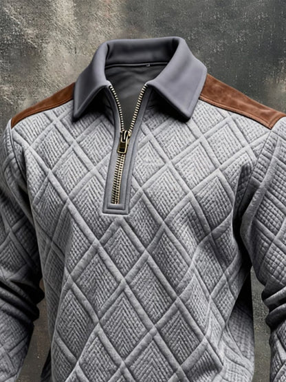Men'S Vintage-Style Textured Patchwork Color-Block Long-Sleeved Sweatshirt