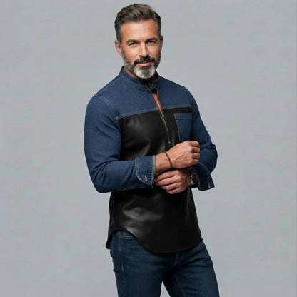 Men's Denim PU Leather Patchwork Stand Collar Half Zip Chest Pocket Slim Fit Shirt