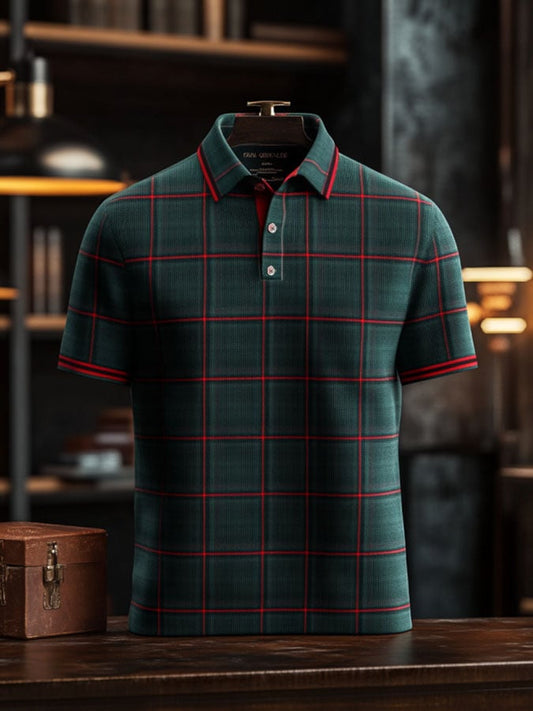 Men'S Casual Classic Plaid Print Business Short-Sleeved Polo Shirt