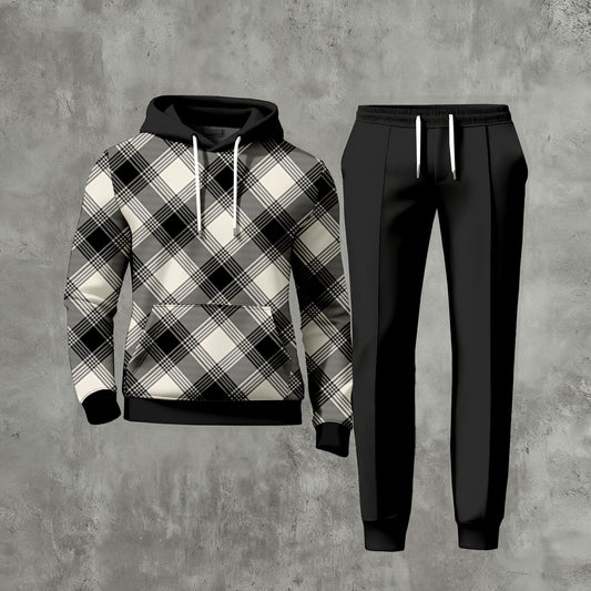 Men's Casual Checked Printed Long-Sleeve Hoodies Sweatshirt & Trousers Black Two-Piece Set