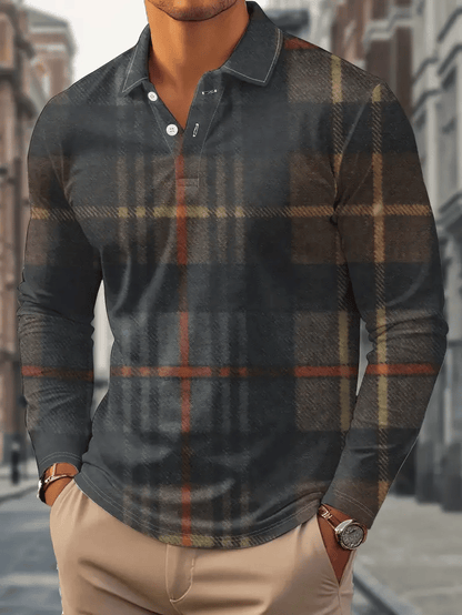 Men's Retro Business Stripe Print Long Sleeve Polo Shirt