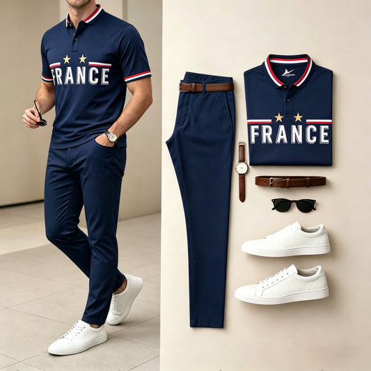 Men's Casual Navy Blue Letters Sporty Printed Polo Shirt And Pants Two-Piece Set