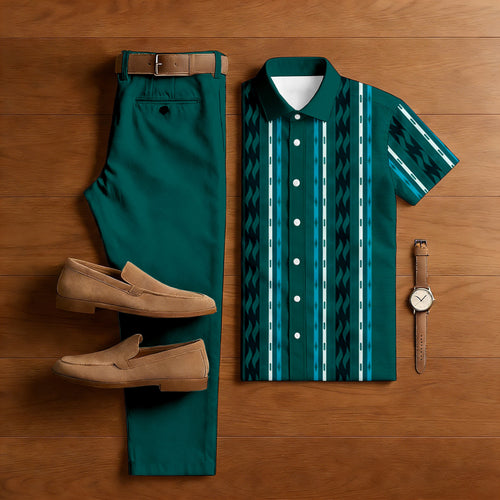 Men's Casual Green Color Matching Striped Print Short-Sleeve Shirt & Trousers Two-Piece Set
