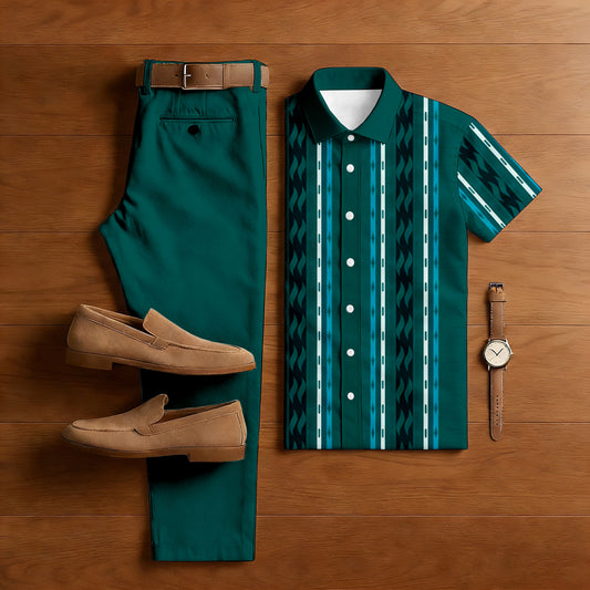 Men's Casual Green Color Matching Striped Print Short-Sleeve Shirt & Trousers Two-Piece Set