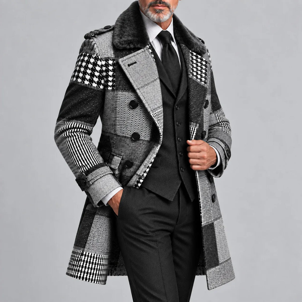 Men's Gray Colorblock Houndstooth Contrast Fluffy Collar Double-Breasted Business Casual Trench Coat