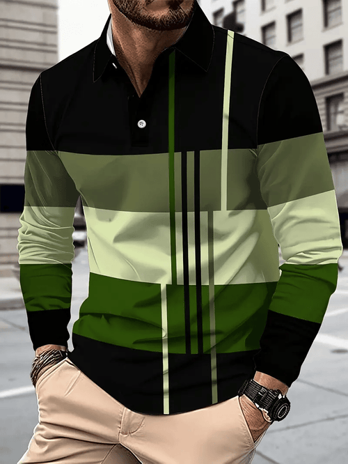 Men's Business Classic Stripe Print Button Polo Shirt