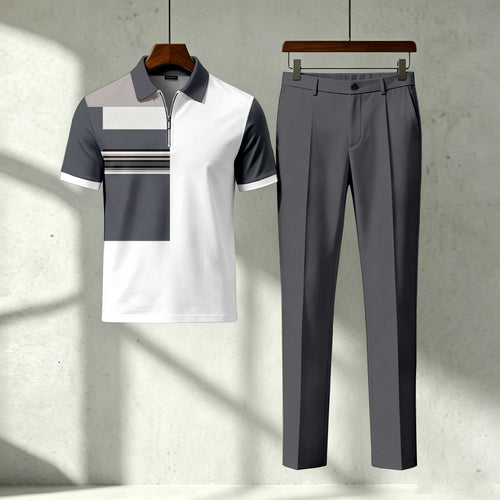 Men's Casual Printed Polo Short-Sleeve T-Shirt And Pants Two-Piece Set