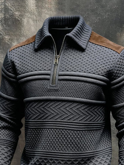 Men'S Vintage-Style Textured Patchwork Color-Block Long-Sleeved Sweatshirt