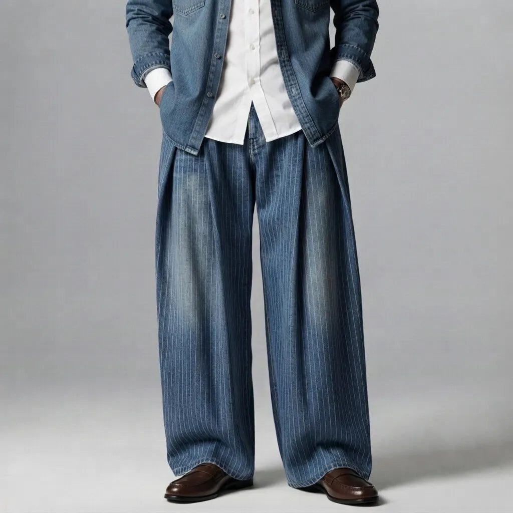 Men's Pinstripe Pattern Slant Pocket Pleated Wide Leg Denim Pants