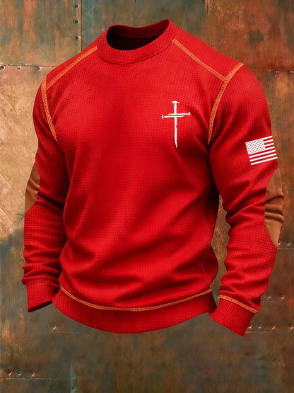 Men's Vintage Faith Cross Print Waffle Crew Neck Sweatshirt