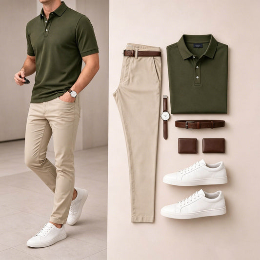 Men's Casual Army Green & Khaki Solid Polo Shirt And Pants Two-Piece Set
