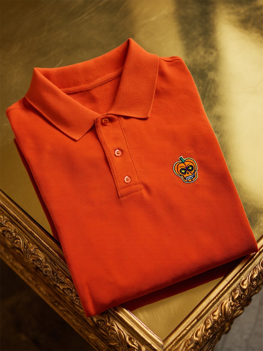 Men's Casual Business Halloween Pumpkin Art Button Short Sleeve Polo Shirt