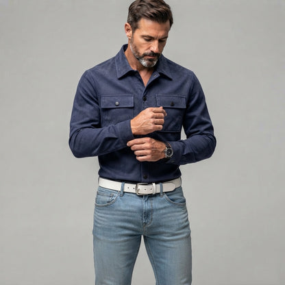 Men's Suede Solid Color Double Chest Pockets Snap Buttons Casual Long Sleeve Shirt